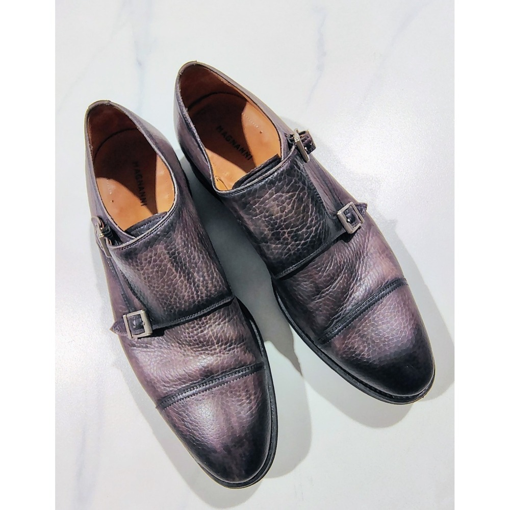 Magnanni Mens Monk Strap Dress Shoes 9.5M Dark Gray Burnished Leather Extralight - Picture 2 of 15